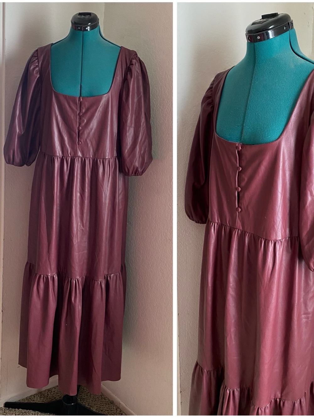 Hutch Anthropologie Faux Leather Burgundy Midi Dress with Puff Sleeves L